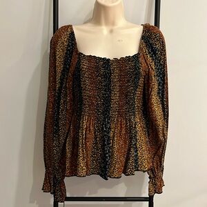 SugarFox Smocked Floral Print Shoulder Off Long Sleeve Square Neckline Blouse